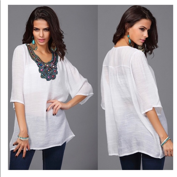 ✨Last One Size L White Beaded & Embroidered Top✨ - Picture 5 of 6